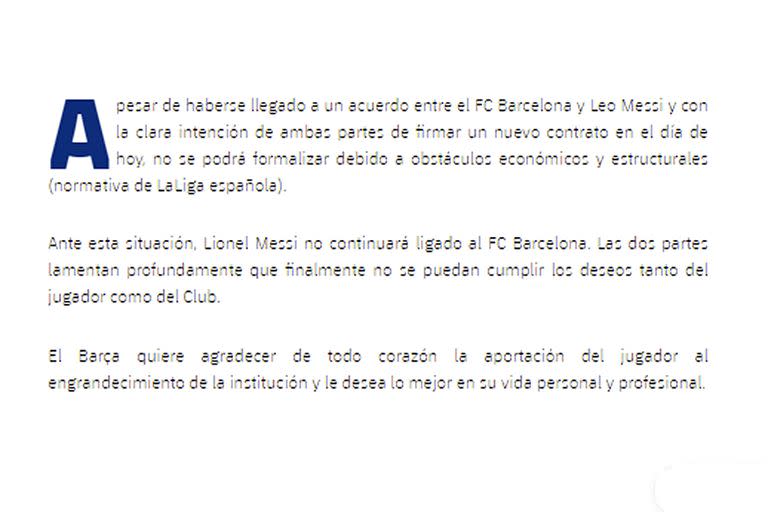 El comunicado con el que Barcelona anunció la salida de Lionel Messi.