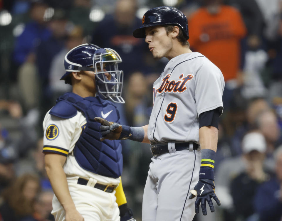 Detroit Tigers' Nick Maton (9) reacts after hitting a three-run home run against the Milwaukee Brewers during the third inning of a baseball game Monday, April 24, 2023, in Milwaukee. (AP Photo/Jeffrey Phelps)