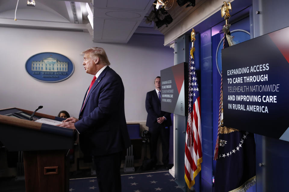 President Donald Trump speaks during a briefing with reporters in the James Brady Press Briefing Room of the White House, Monday, Aug. 3, 2020, in Washington.(AP Photo/Alex Brandon)