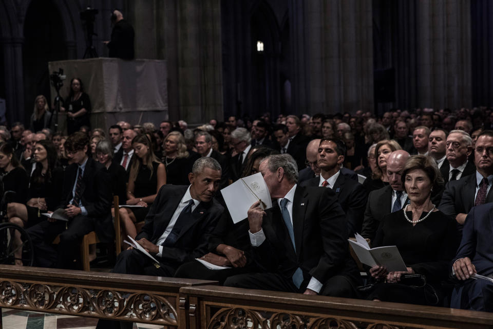 Former US President Barack Obama, Michelle Obama, former President George W. Bush and Laura Bush during a memorial service for Senator John McCain at the Washington National Cathedral on September 1, 2018.