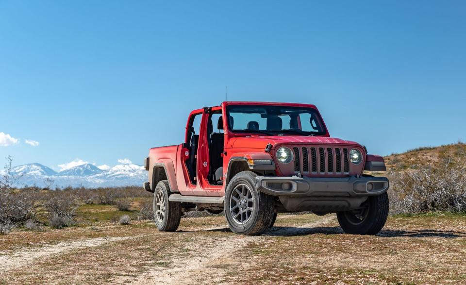 <p>Back to battle golden bow ties and blue ovals in the mid-size-truck coliseum for 2019 after a long absence, the Jeep Gladiator is FCA's modern take on a Jeep turned truck. Taking design cues from its smaller sibling <a href="https://www.caranddriver.com/jeep/wrangler" rel="nofollow noopener" target="_blank" data-ylk="slk:the Wrangler;elm:context_link;itc:0;sec:content-canvas" class="link ">the Wrangler</a>, the Gladiator's interior offers luxury unmatched by anything else you'd drive without doors. Unfortunately, only one cab and one bed length are available. A turbocharged 2.0-liter inline four-cylinder or 3.6-liter V-6 with an available manual transmission are the only powertrain options, but a 260-hp diesel engine with 442 lb-ft of torque is coming soon. This Jeep has the most expensive base price in the segment and pricier than the Wrangler, which is a large ask for a chariot still ripe for refinement.</p>
