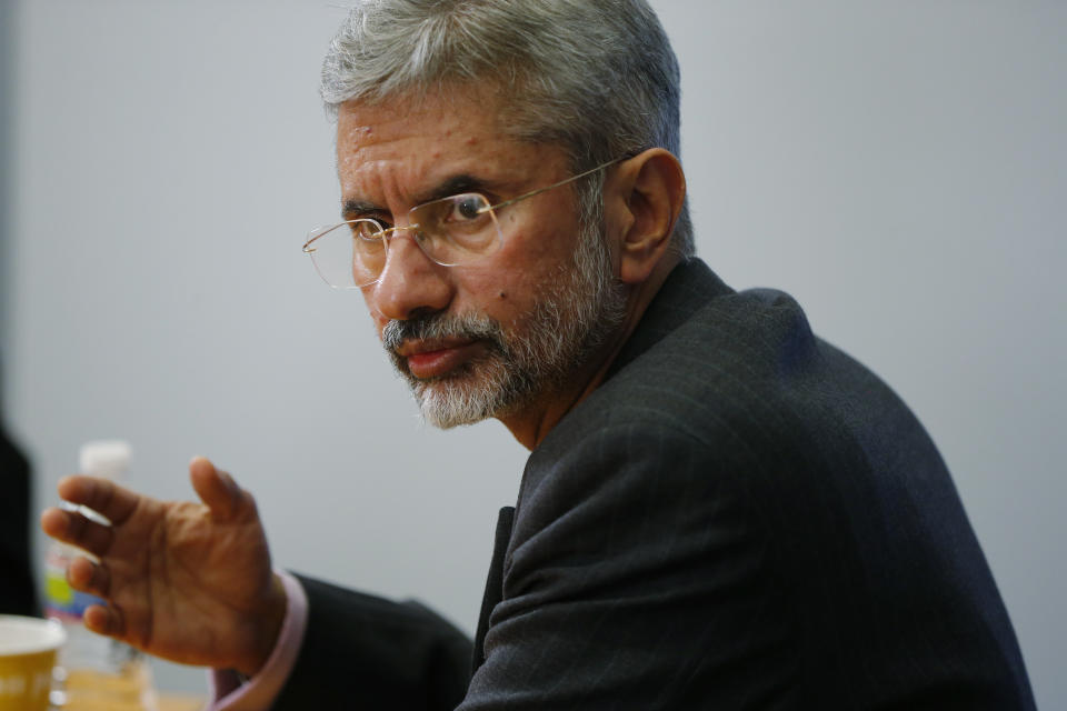 FILE- In this Jan. 24, 2014 file photo, India's then Ambassador to the United States and current External Affairs Minister S. Jaishankar, gestures during an interview with The Associated Press in Washington. India's opposition leaders are angrily demanding Prime Minister Narendra Modi clarify his position in Parliament about President Donald Trump mediating India's long-running dispute with Pakistan over Kashmir. Jaishankar said in Parliament on Tuesday that Modi made no such request to Trump as the U.S. president had claimed. (AP Photo/Charles Dharapak, File)