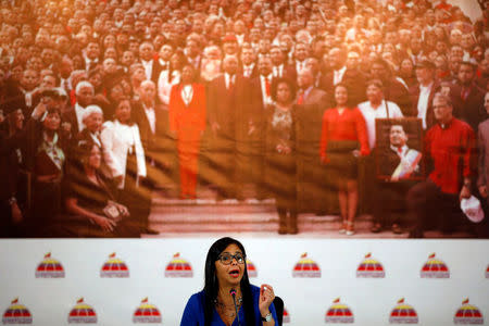 Delcy Rodriguez, President of the National Constituent Assembly talks to the media during a news conference in Caracas, Venezuela August 28, 2017. REUTERS/Carlos Garcia Rawlins