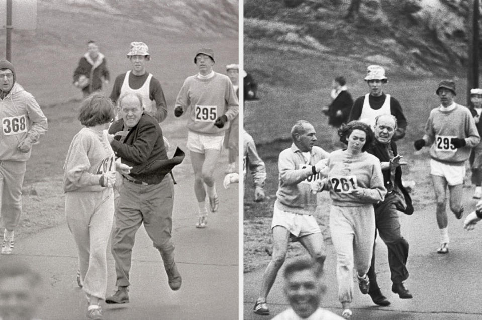 Katherine Switzer running the marathon and people trying to stop her