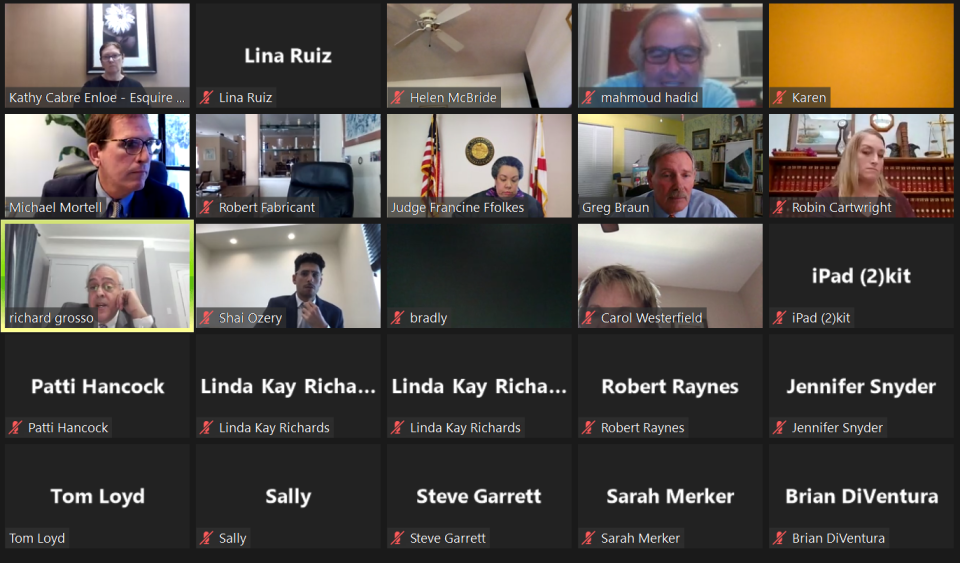 A screenshot shows participants and observers of a virtual state hearing that challenges whether the city of Stuart gave a proper future land-use designation to the South Kanner Highway property where a Costco project has been approved.