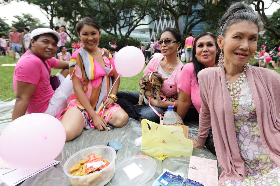 SINGAPORE - JUNE 30: Participants dress in various shades of pink, gather for a picnic before the 'Night Pink Dot' event arrange to increase awareness and understanding of the lesbian, gay, bisexual and transgender community in Singapore at Hong Lim Park on June 30, 2012 in Singapore. The event is the fourth annual gathering held in support of the freedom to love. (Photo by Suhaimi Abdullah/Getty Images)