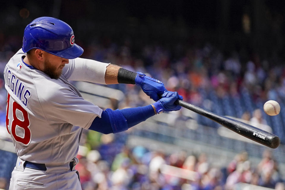 Chicago Cubs P.J. Higgins hits a two run home run during the fifth inning of a baseball game against the Washington Nationals at Nationals Park Wednesday, Aug. 17, 2022, in Washington. (AP Photo/Andrew Harnik)