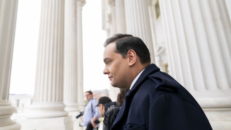 Rep. George Santos, R-N.Y., leaves the Capitol after being expelled from the House of Representatives on Friday, Dec. 1, 2023, in Washington. The House has voted to expel Santos following a critical ethics report on his conduct that included converting campaign donations for his own use, making him just the sixth member in the chamber’s history to be ousted by his colleagues. Expulsion requires support from two-thirds of the House.