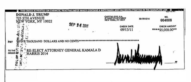 A check from Donald J. Trump to Re-Elect Attorney General Kamala D. Harris 2014 for $5,000.00, dated September 26, 2011