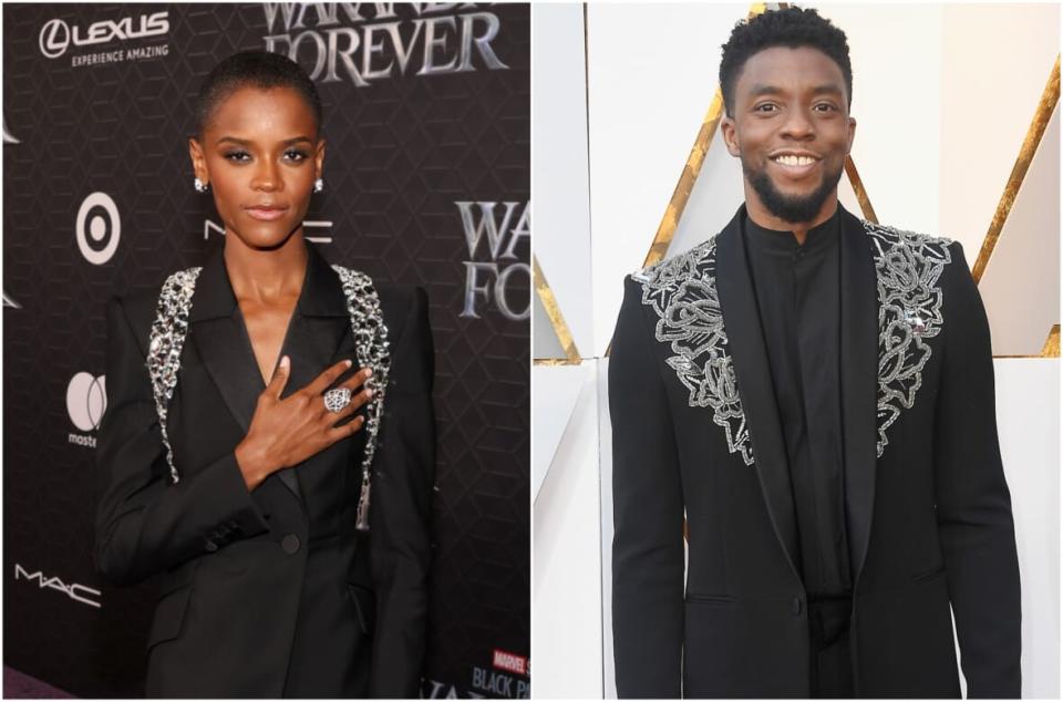 At the Oct. 26, 2022 “Black Panther” Wakanda Forever” premiere, Leticia Wright (left) wore a black Alexander McQueen pantsuit with beaded shoulders, evoking the tux that “Black Panther” star Chadwick Boseman (right) wore to the 2019 Academy Awards. (Photos: Getty Images)