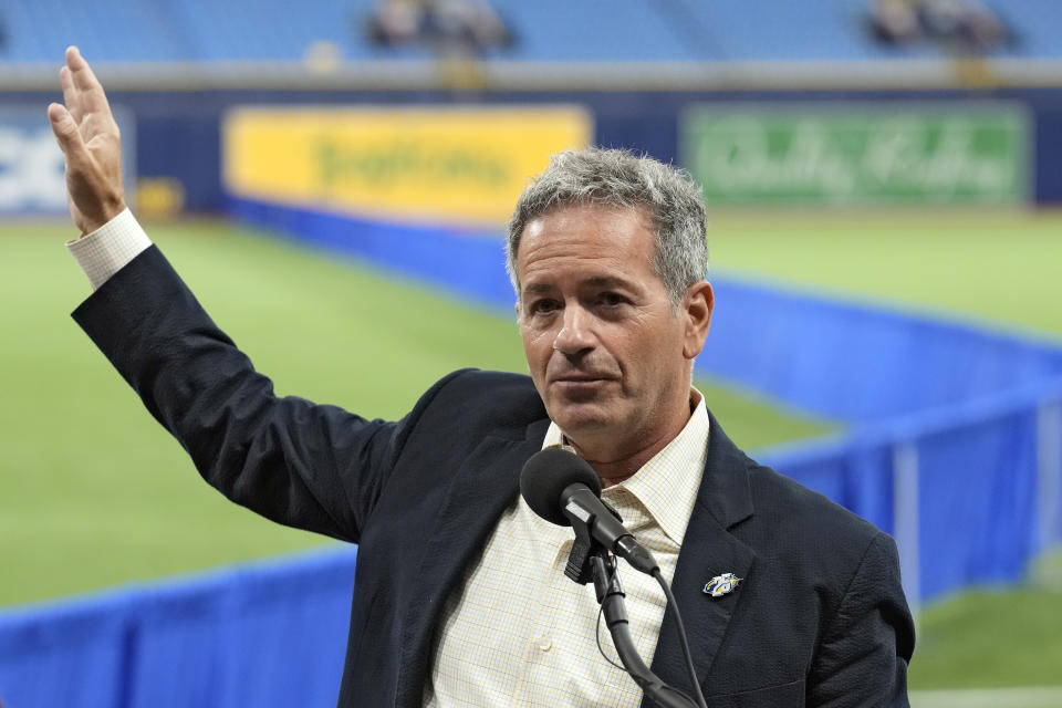 Tampa Bay Rays owner Stuart Sternberg gestures as the baseball team announced plans for a new stadium during a news conference Tuesday, Sept. 19, 2023, in St. Petersburg, Fla. (AP Photo/Chris O'Meara)