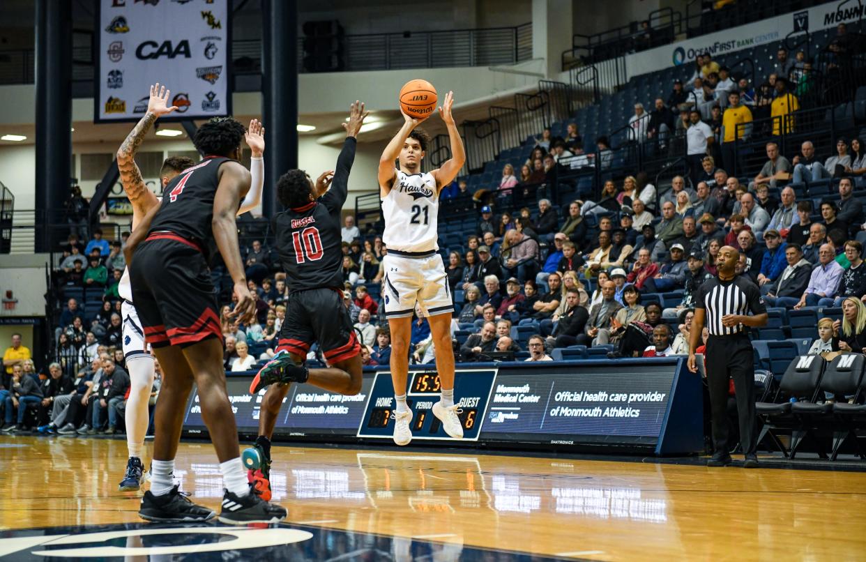 Monmouth guard Xander Rice shoots against Northern Illinois at OceanFirst Bank Center in West Long Branch on Dec. 9, 2023.