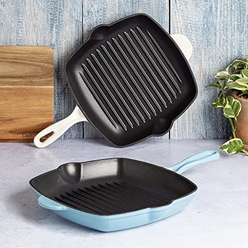 <p><strong>Country Living</strong></p><p>amazon.com</p><p><strong>$35.99</strong></p><p>This cook-and-serve pan features a beautiful, enameled exterior (available in light blue or cream) and a naturally non-stick cooking surface. The perfect pan really does exist!</p><p><em>Country Living Test Kitchen Tip:</em> Grill pans are good for getting grill marks on food when cooking indoors. But they're also great for keeping delicate food like fish from sticking to the bottom of the pan when they cook (because there's less surface area actually touching the fish). For a yummy weeknight meal, try this <a href="https://www.countryliving.com/food-drinks/a38872757/crispy-pan-seared-salmon-recipe/" rel="nofollow noopener" target="_blank" data-ylk="slk:Crispy Pan-Seared Salmon with Broiled Broccolini and Capers;elm:context_link;itc:0;sec:content-canvas" class="link ">Crispy Pan-Seared Salmon with Broiled Broccolini and Capers</a>.</p>