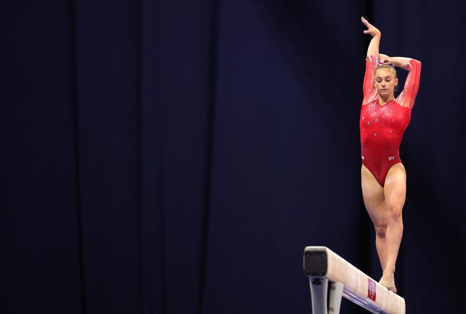 Grace McCallum competes on the balance beam during the Women's competition of the 2021 U.S. Gymnastics Olympic Trials at America's Center on June 27, 2021, in St Louis, Missouri.