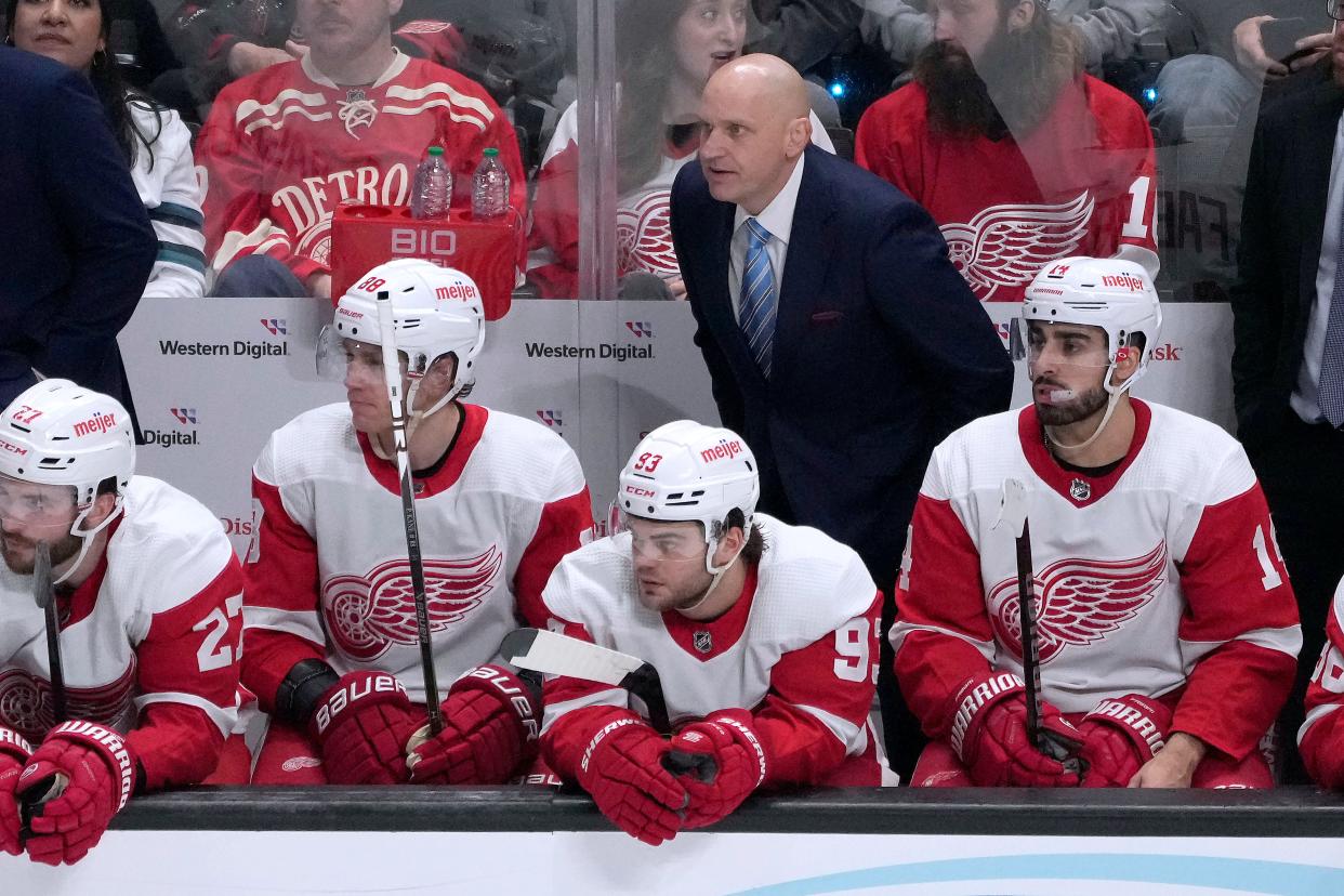 Red Wings coach Derek Lalonde watches during the third period of the Wings' 5-3 win on Tuesday, Jan. 2, 2024, in San Jose, California.