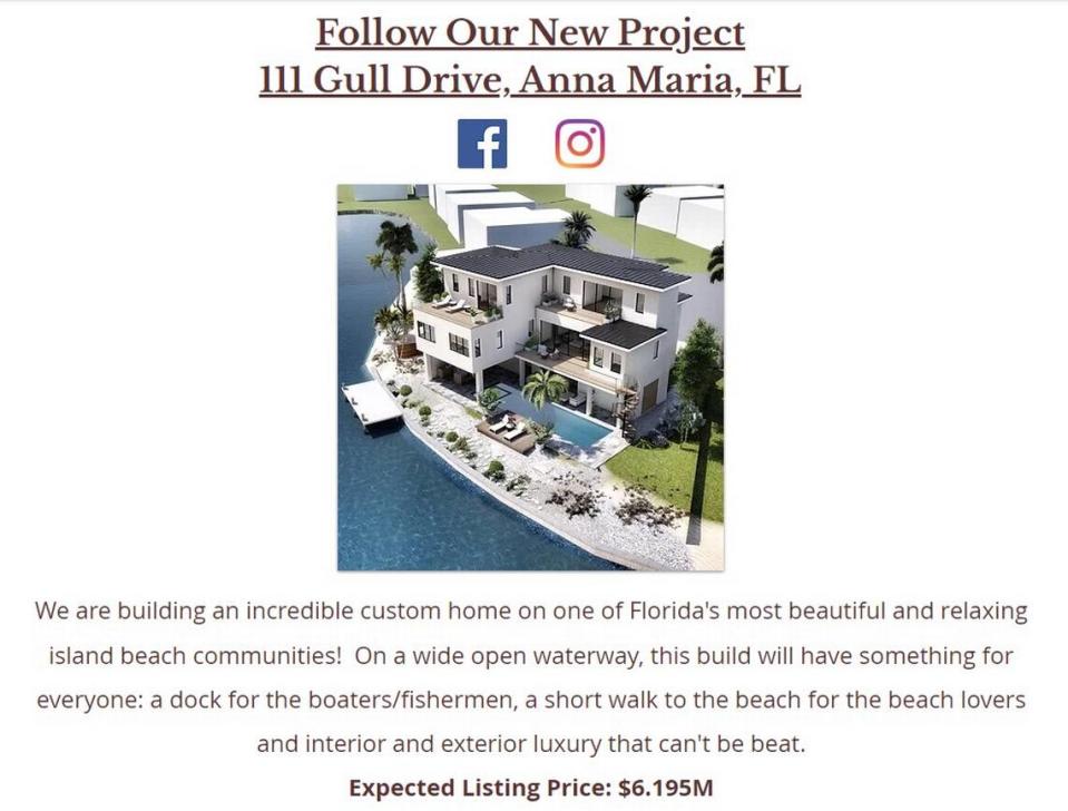 A still from Sharp Real Estate and Development’s website shows a rendering of a three-story home planned for 111 Gulf Drive, Anna Maria.