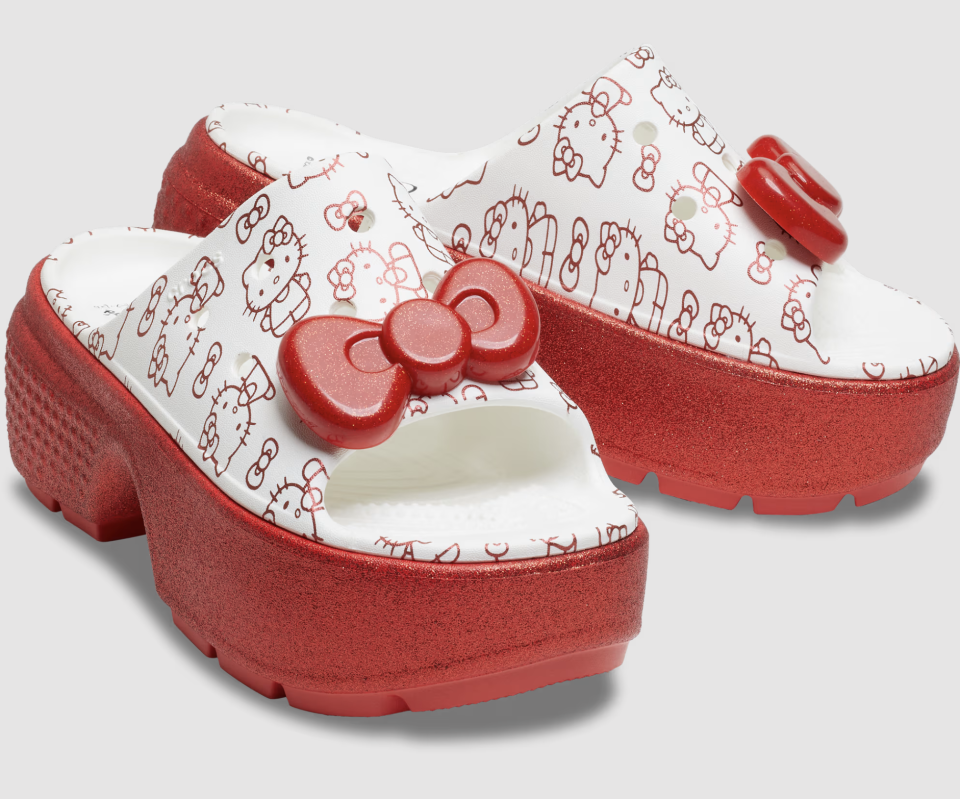 red and white platform open-toed clogs with hello kitty graphics