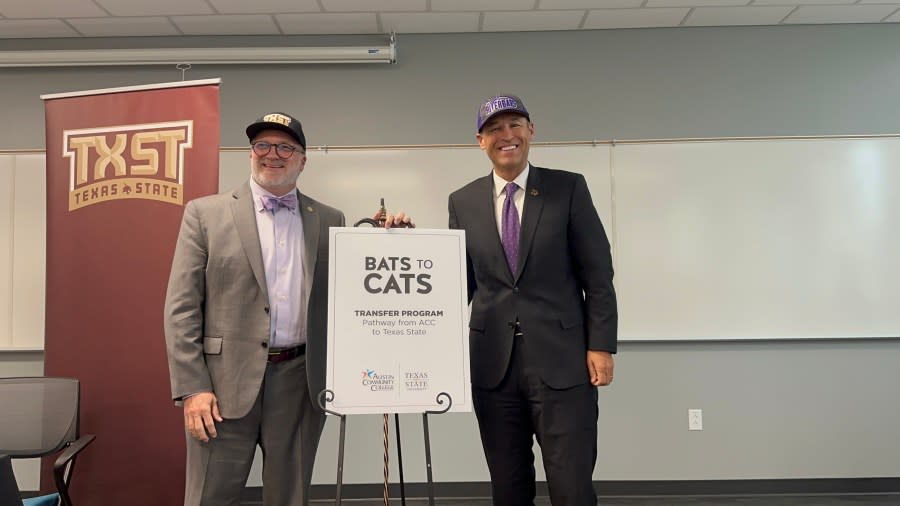 Austin Community College Chancellor Russell Lowery-Hart (left) and and Texas State President Kelly Damphousse (right) make the "Bats to Cats" transfer program official on April 18. (ACC Photo)