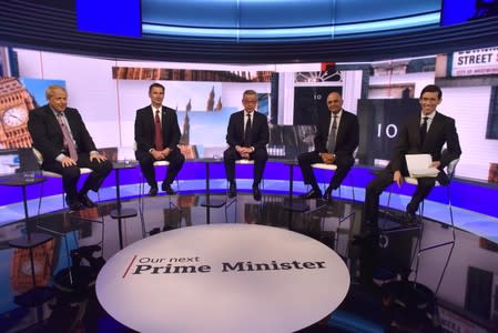 Boris Johnson, Jeremy Hunt, Michael Gove, Sajid Javid and Rory Stewart appear on BBC TV's debate with candidates vying to replace British PM Theresa May, in London