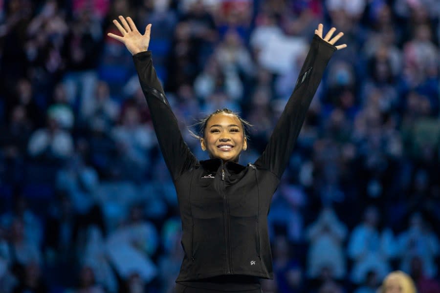 HARTFORD, CONNECTICUT: MAY 18: Sunisa Lee reacts as she is introduced to the spectators during the 2024 Core Hydration Gymnastics Classic at the XL Centre, Hartford, on May 18th, 2024, in Hartford, Connecticut. USA. (Photo by Tim Clayton/Corbis via Getty Images)