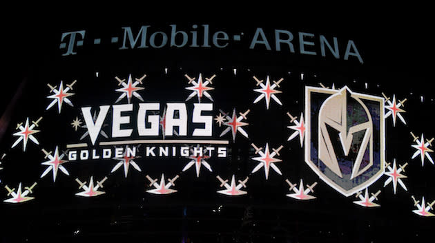 LAS VEGAS, NV – NOVEMBER 22: The team name and logo for the Vegas Golden Knights are displayed on T-Mobile Arena’s video mesh wall after the Vegas Golden Knights was announced as the name for the Las Vegas NHL franchise at T-Mobile Arena on November 22, 2016 in Las Vegas, Nevada. The team will begin play in the 2017-18 season. (Photo by Ethan Miller/Getty Images)