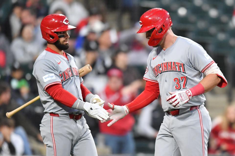 Catcher Tyler Stephenson (37) celebrates his solo home run, his first of the season, that followed the three-run shot by Elly De La Cruz in the third inning. It was the Reds’ second  back-to-back shots this season.