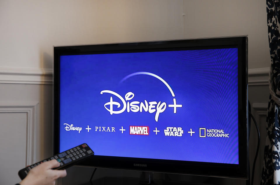 PARIS, FRANCE - NOVEMBER 08: In this photo illustration, the Disney + logo is displayed on the screen of a television on November 08, 2019 in Paris, France. The Walt Disney Company will launch its streaming service (Svod) Disney plus in the United States on November 12, 2019, for Europe, it will be necessary to wait until the beginning of the year 2020. (Photo by Chesnot/Getty Images)