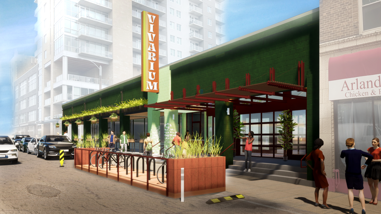 This rendering shows the exterior of the Pabst Theater Group's new 450-person-capacity live music club and event space, Vivarium, opening in spring 2024 at 1818 N. Farwell Ave.