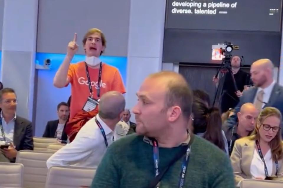 An unidentified Google Cloud engineer who disrupted a co-worker during a conference in New York City Monday to declare that he refuses “to build technology that powers genocide” has since been fired. Caroline Haskins/X