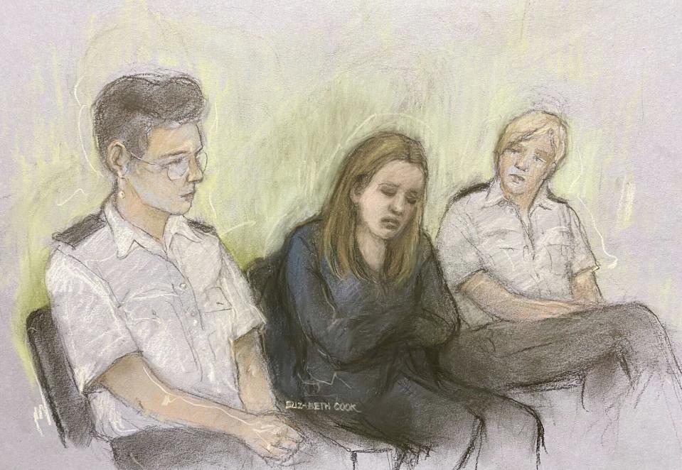This court artist drawing by Elizabeth Cook from Aug. 11, 2023 shows of nurse Lucy Letby at Manchester Crown Court in Manchester, England. A neonatal nurse in a British hospital has been found guilty of killing seven babies and trying to kill six others. Lucy Letby was charged with murder in the deaths of five baby boys and two girls, and the attempted murder of five boys and five girls, when she worked at the Countess of Chester Hospital in northwest England between 2015 and 2016. (Elizabeth Cook/PA via AP)