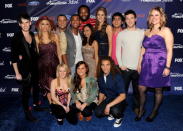 Final 13 contestants (L-R, front row) Hollie Cavanaugh, Skylar Laine and DeAndre Brackensick, (L-R, standing) Colton Dixon, Elise Testone, Jeremy Rosado, Joshua Ledet, Jermaine Jones, Jessica Sanchez, Shannon Magrane, Heejun Han and Phillip Phillips arrive at Fox's American Idol finalist party at The Grove on March 1, 2012 in Los Angeles, California. (Photo by Kevin Winter/Getty Images)