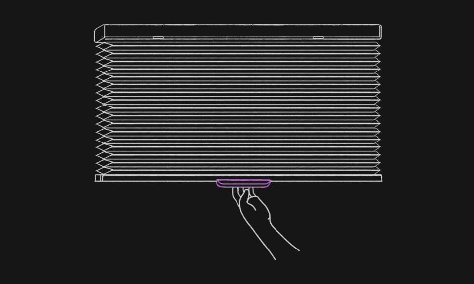 Drawn illustration of cordless window blinds, with a hand pulling on a handle. (Ibrahim Rayintakath for NBC News)