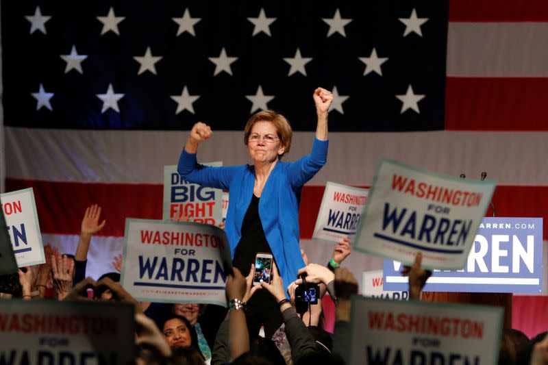 U.S. Democratic 2020 presidential candidate Senator Elizabeth Warren speaks at a campaign rally at the Seattle Center Armory in Seattle