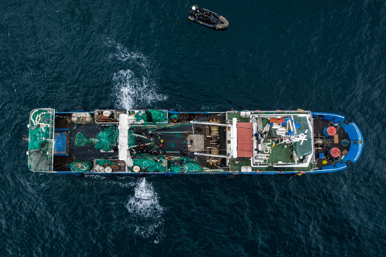 An aerial shot of the Chinese fishing ship in Gambian waters. (Fábio Nascimento / The Outlaw Ocean Project)