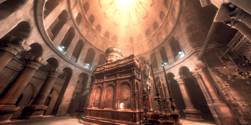 A scanned and digitally re-created 3D model of the Rotunda and Aedicule of the Church of the Holy Sepulchre in The Holy City, a virtual reality experience in the metaverse, an immersive world where people can connect via avatars is pictured on Oct. 24, 2018. (The Holy City VR via AP)