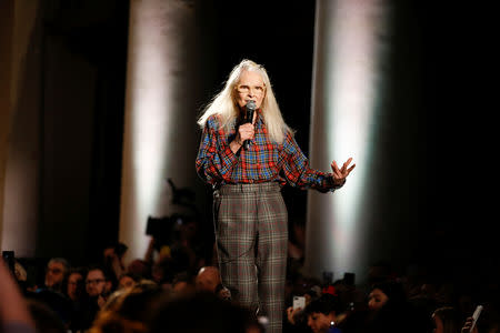Designer Vivienne Westwood on stage following her catwalk show at London Fashion Week Women's A/W19 in London, Britain February 17, 2019. REUTERS/Henry Nicholls