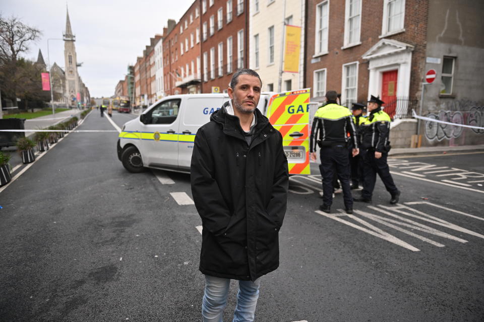 DUBLIN, IRELAND - NOVEMBER 24:  Deliveroo driver Caio Benicio, who stopped a knife attacker outside a school, poses on November 24, 2023 in Dublin, Ireland. Vehicles were set alight and shops looted in Dublin last night, following a knife attack outside a school that left five people, including three children, injured. (Photo by Charles McQuillan/Getty Images)
