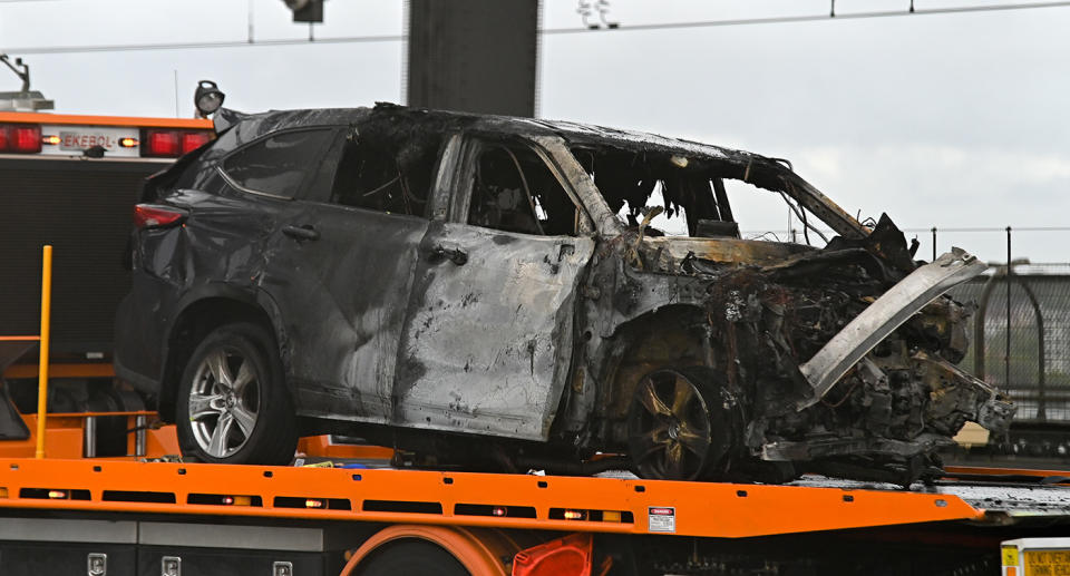 The black Toyota Kluger which erupted in flames after crashing on the Sydney Harbour Bridge was allegedly stolen on Monday morning. Source: AAP