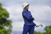 Madelene Sagstrom, of Sweden, looks after her shot off the 15th tee during the final round of the LPGA Cognizant Founders Cup golf tournament, Sunday, May 12, 2024, in Clifton, N.J. (AP Photo/Seth Wenig)