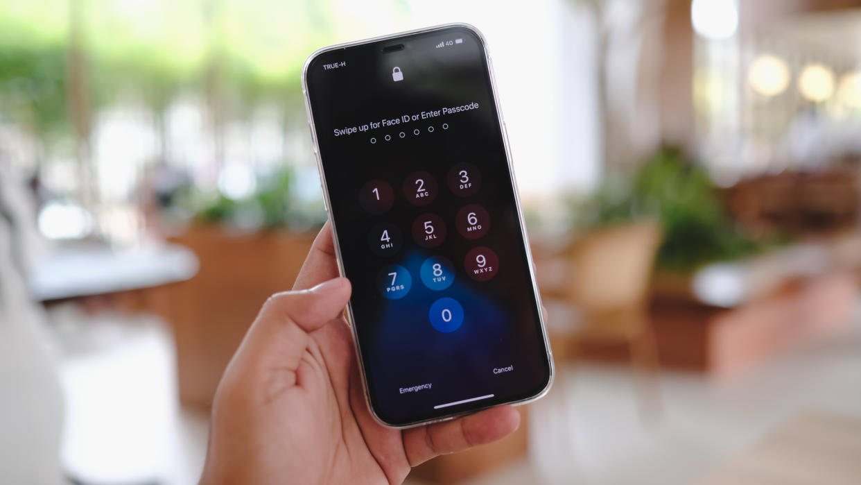  Image of person holding an iPhone showing the lock screen number pad. 