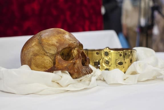 The skull and crown of Saint Erik. On April 23, 2014, the medieval reliquary containing the saint's bones was opened at a ceremony in Uppsala Cathedral in Sweden.