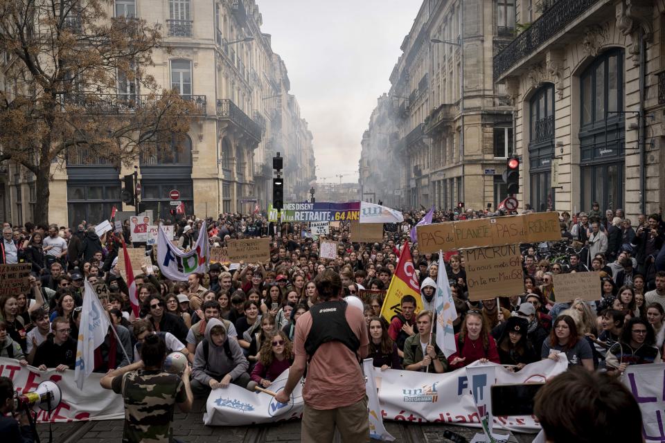 Demonstration against pension reform took place in Bordeaux on Thursday, March 23, 2022. There were several clashes between the demonstrators and the police, and at the end of the demonstration, trash fires were set (Photo by Fabien Pallueau/NurPhoto via Getty Images)