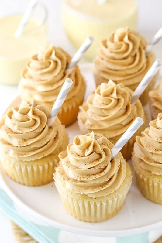 <p>Life Love and Sugar</p><p>These Eggnog Latte Cupcakes are made with an eggnog cupcake and coffee espresso frosting!</p><p><strong>Get the recipe: <a href="https://www.lifeloveandsugar.com/eggnog-latte-cupcakes/" rel="nofollow noopener" target="_blank" data-ylk="slk:Eggnog Latte Cupcakes;elm:context_link;itc:0;sec:content-canvas" class="link rapid-noclick-resp">Eggnog Latte Cupcakes</a></strong></p>