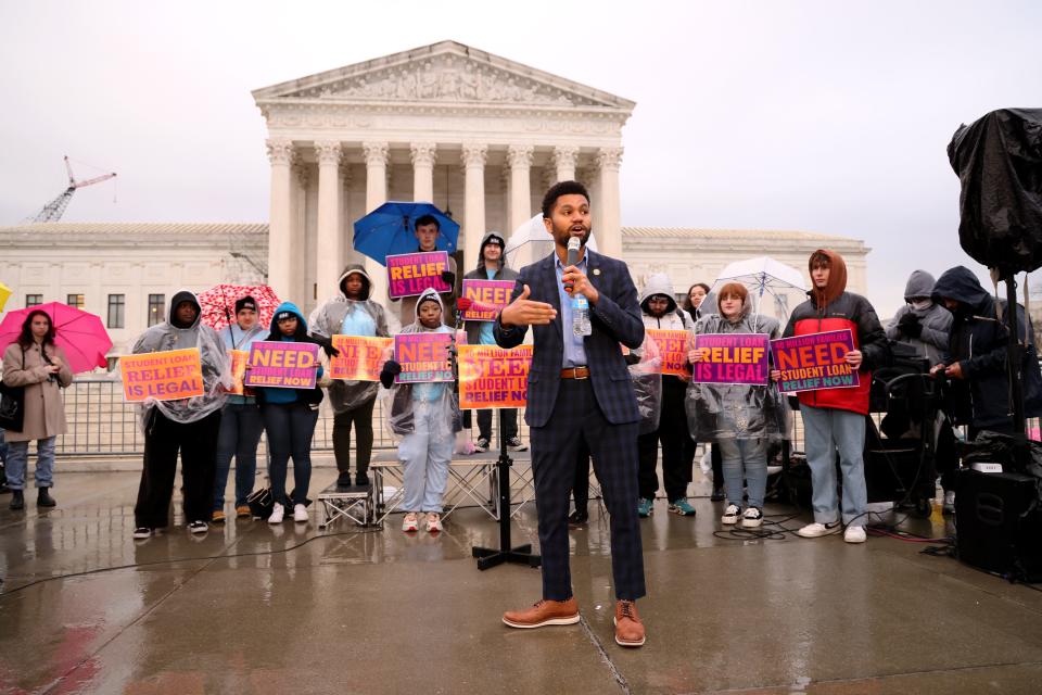 Representative Maxwell Frost speaks as student loan borrowers gather at Supreme Court the evening before the court hears two cases on student loan relief to state the relief is legal and needs to happen immediately on February 27, 2023 in Washington, DC.