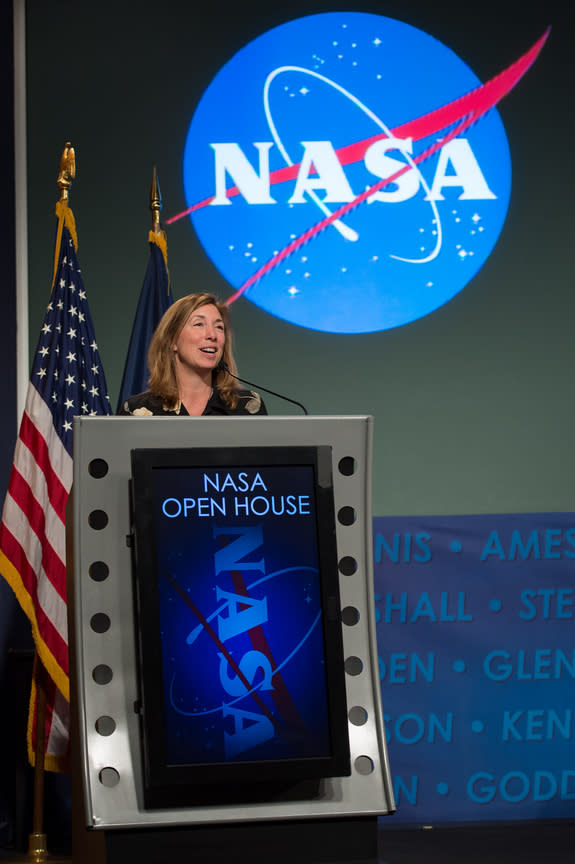 NASA Deputy Administrator Lori Garver speaks at the afternoon session of a NASA Social during activities surrounding the NASA Open House, Friday, Jan. 18, 2013, at NASA Headquarters in Washington. NASA Social followers and the general public we