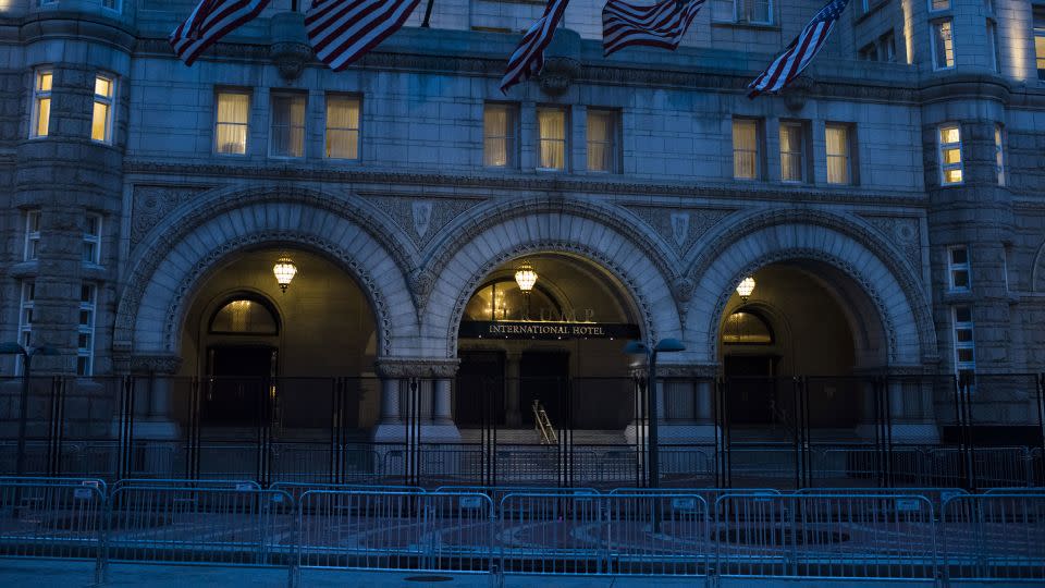 Barricades outside the Trump International Hotel in Washington, DC, on January 17, 2021. - Pete Kiehart/Bloomberg/Getty Images