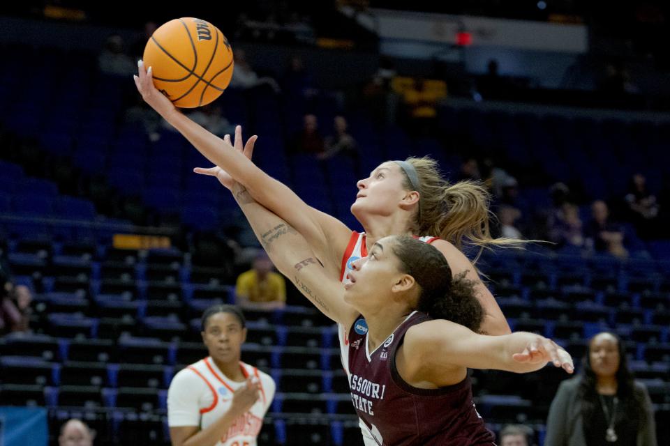 Ohio State's Jacy Sheldon battles Missouri State's Mariah White for the ball on Saturday.