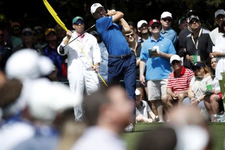 Jordan Spieth of the U.S. hits off the 7th tee during second round play of the 2018 Masters golf tournament at the Augusta National Golf Club in Augusta, Georgia, U.S., April 6, 2018. REUTERS/Mike Segar