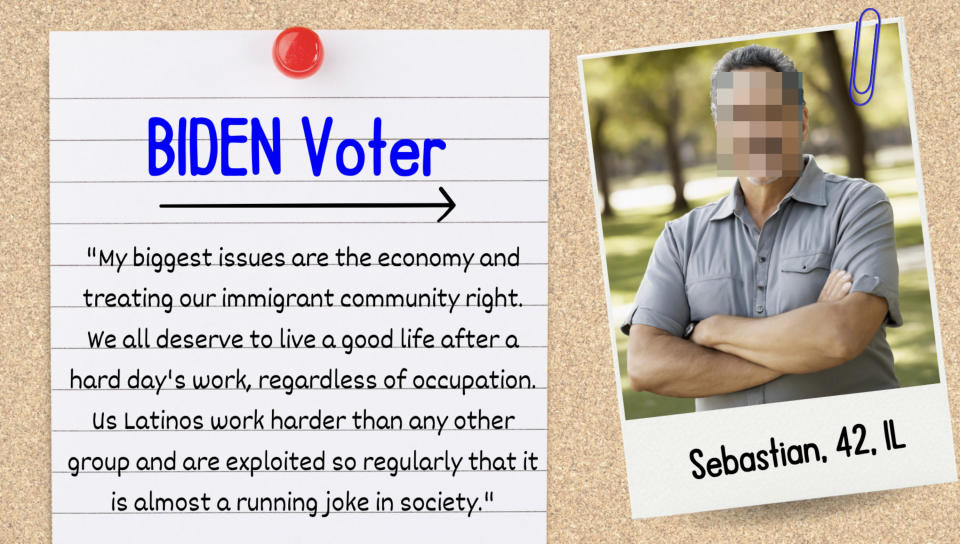 BIDEN Voter quote: "My biggest issues are the economy and treating our immigrant community right... exploited so regularly that it is almost a running joke in society." - Sebastian, 42, IL