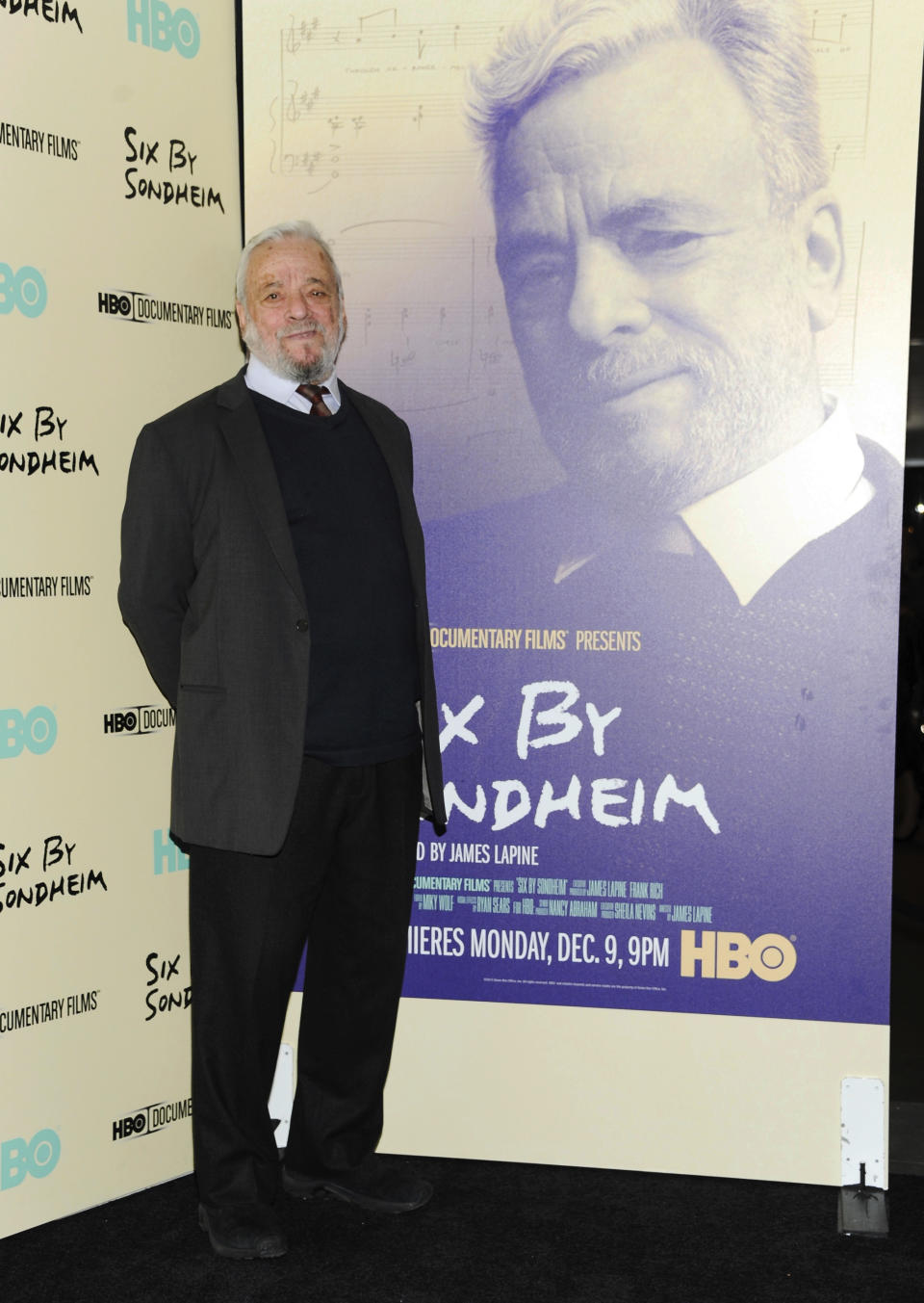FILE - Composer and lyricist Stephen Sondheim attends the premiere of HBO's "Six By Sondheim" at the Museum of Modern Art Monday, Nov. 18, 2013, in New York. Sondheim, the songwriter who reshaped the American musical theater in the second half of the 20th century, has died at age 91. Sondheim's death was announced by his Texas-based attorney, Rick Pappas, who told The New York Times the composer died Friday, Nov. 26, 2021, at his home in Roxbury, Conn. (Photo by Evan Agostini/Invision/AP, File)